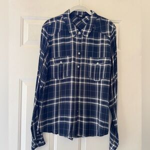 Paige Navy and White Plaid Button-Up Shirt size large